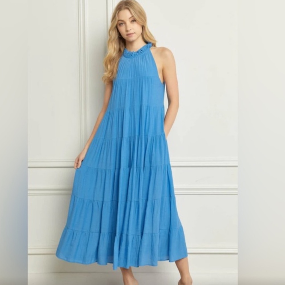 ENTRO MOCK TIE NECK SLEEVELESS MULTI TIERED MAXI DRESS BRIGHT BLUE SIZE SMALL